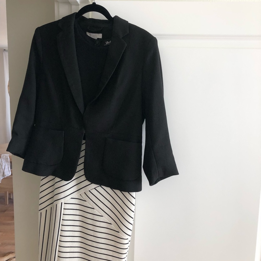Black blazer & black & white dress